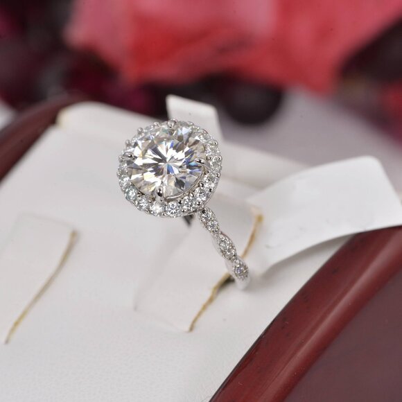 Certified Art Deco 3.0ct Halo Moissanite Engagement Ring - Picture 2 of 8